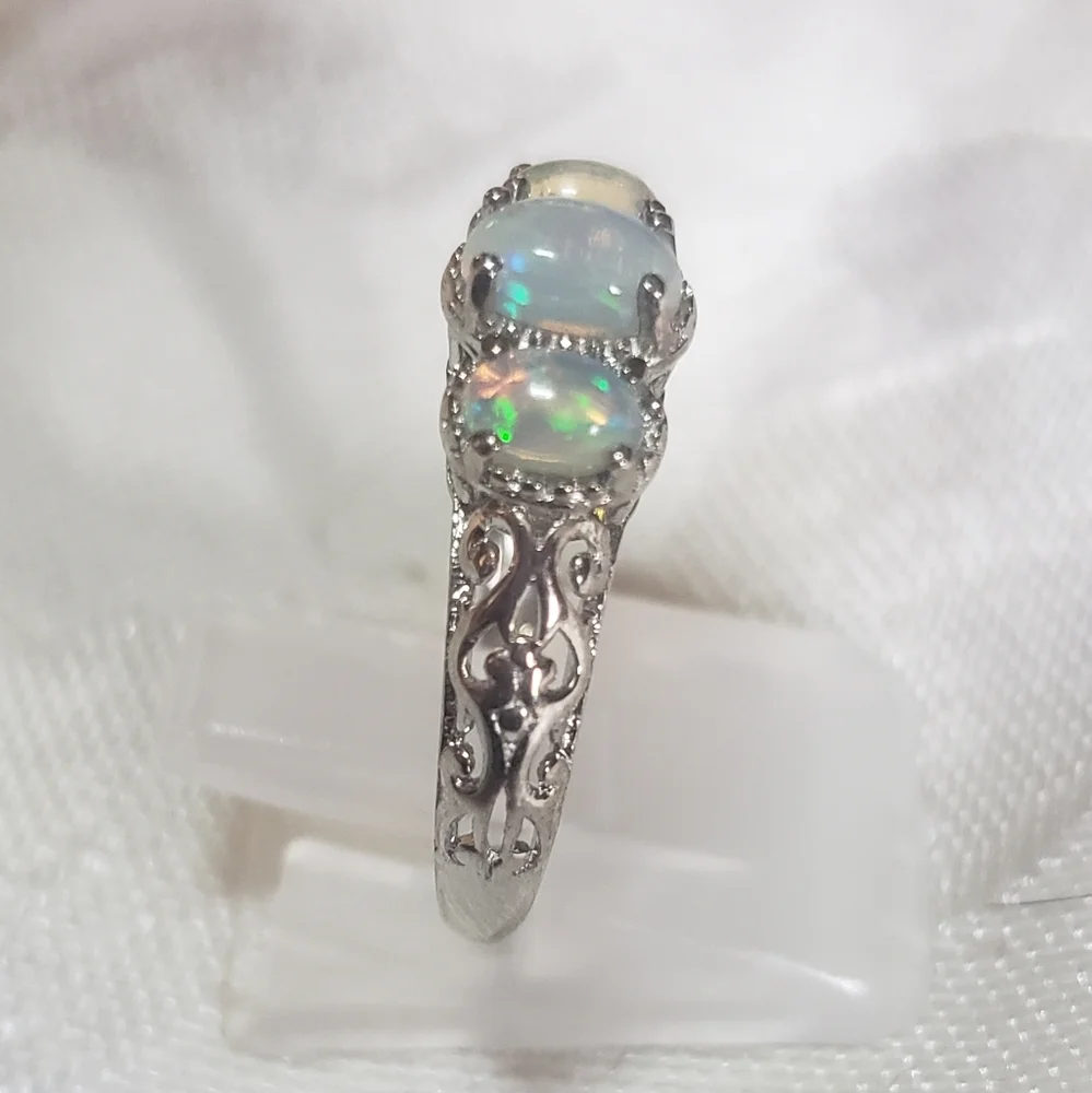 SOLDPremium Ethiopian Welo Opal Trilogy Ring Platinum over Sterling Silver - Picture 3 of 6